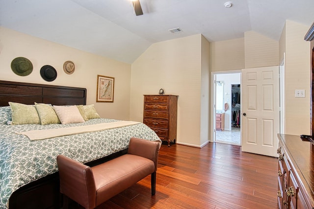 1727 Parkwood Dr, Grapevine, TX 76051 - bedroom featuring lofted ceiling, dark wood finished floors, and a ceiling fan