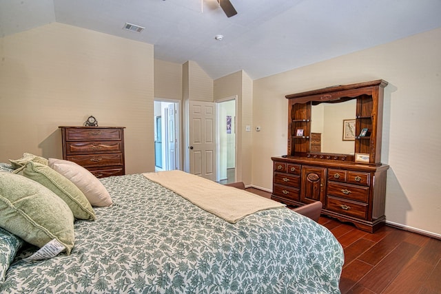 1727 Parkwood Dr, Grapevine, TX 76051 - bedroom with lofted ceiling, dark wood-style floors, and a ceiling fan