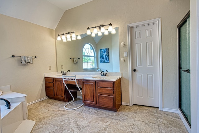 1727 Parkwood Dr, Grapevine, TX 76051 - full bath featuring lofted ceiling, double vanity, a garden tub, a textured wall, and a shower with door