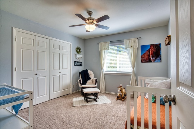 1727 Parkwood Dr, Grapevine, TX 76051 - bedroom with a closet, carpet floors, a crib, and a ceiling fan
