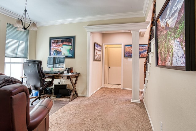 1727 Parkwood Dr, Grapevine, TX 76051 - carpeted office with crown molding, decorative columns, baseboards, and a chandelier