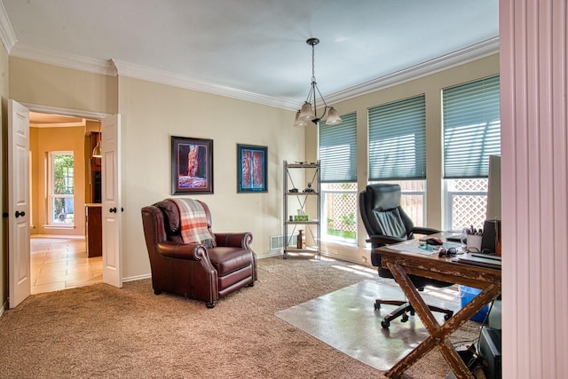 1727 Parkwood Dr, Grapevine, TX 76051 - office area with carpet, crown molding, and baseboards
