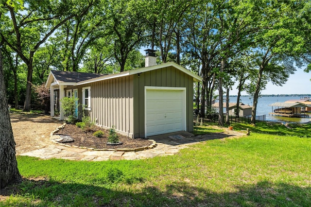 garage with a water view