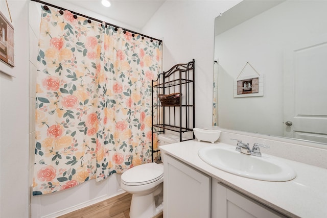 14620 Serrano Ridge Rd, Fort Worth, TX 76052 - bathroom with toilet, wood finished floors, vanity, and shower / tub combo with curtain