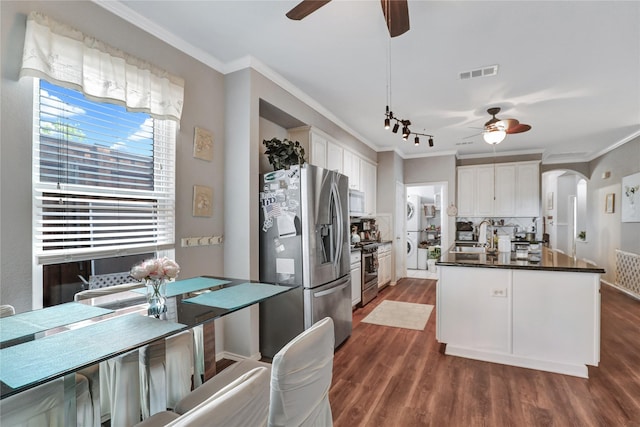 5428 Redwater Ct, The Colony, TX 75056 - kitchen with ceiling fan, stainless steel appliances, estacked washer and dryer, dark countertops, and ornamental molding