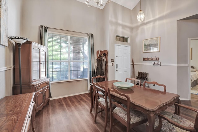 5428 Redwater Ct, The Colony, TX 75056 - dining area featuring dark wood-style flooring, a high ceiling, and baseboards