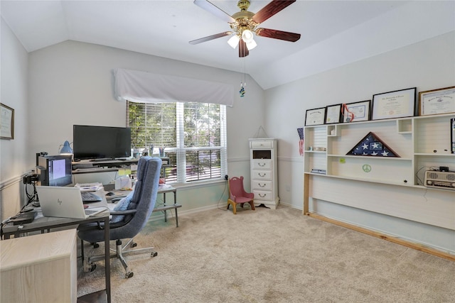 5428 Redwater Ct, The Colony, TX 75056 - office with lofted ceiling, a ceiling fan, carpet floors, and baseboards