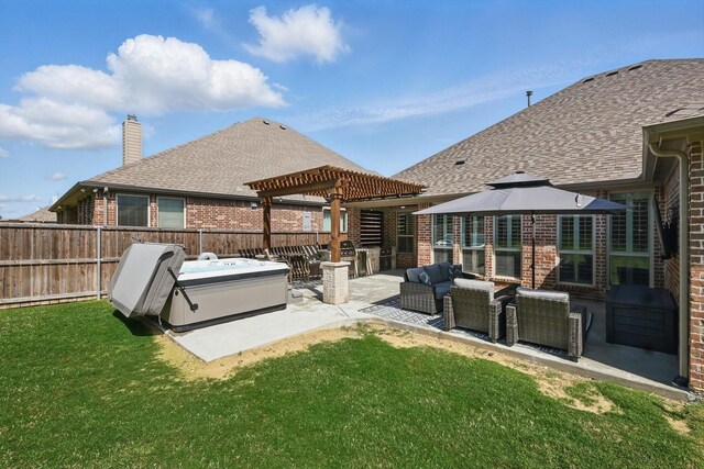 rear view of property with brick siding, a fenced backyard, a yard, a patio, and a pergola