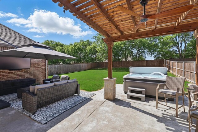 view of patio with a fenced backyard, a pergola, an outdoor hangout area, and a hot tub