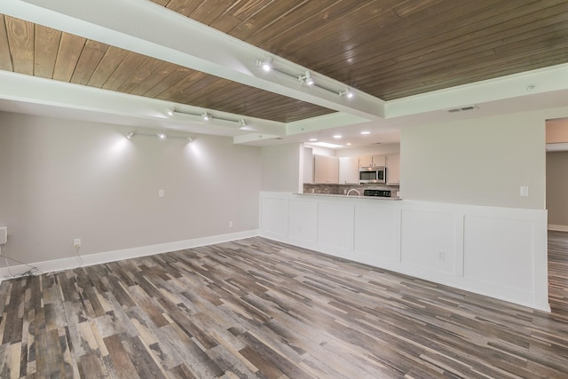 unfurnished living room featuring wood finished floors, track lighting, wood ceiling, baseboards, and visible vents