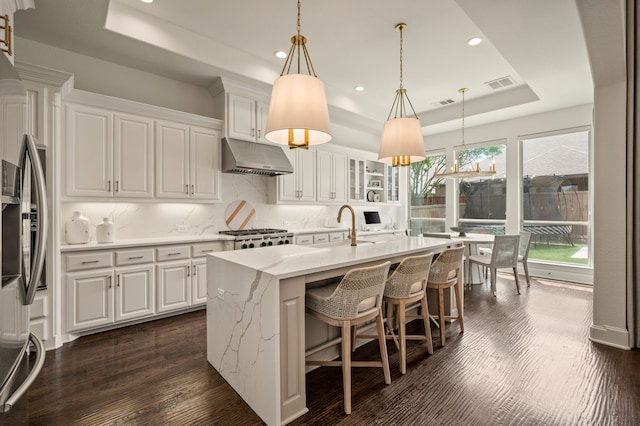 kitchen featuring under cabinet range hood, a tray ceiling, stainless steel appliances, white cabinetry, and visible vents