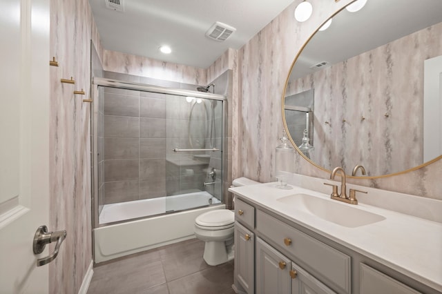 full bathroom featuring visible vents, tile patterned flooring, vanity, and toilet