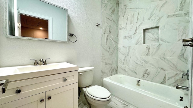 full bath with marble finish floor, a textured wall, toilet, vanity, and shower / tub combination