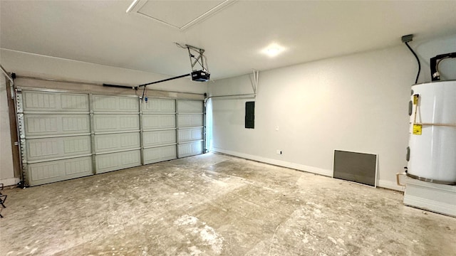 garage with water heater, a garage door opener, electric panel, and baseboards