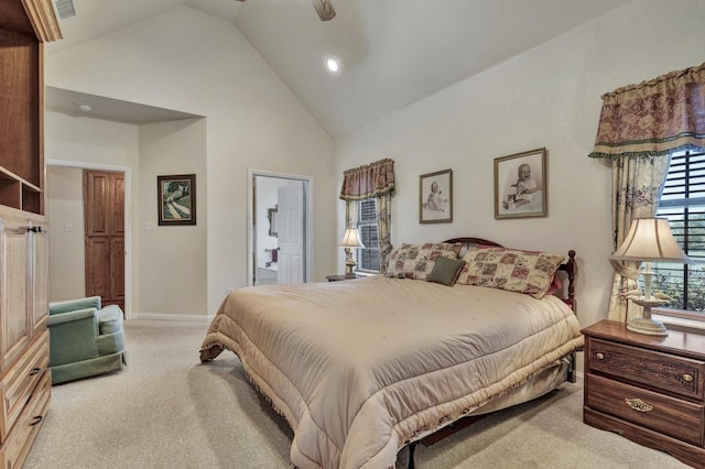bedroom featuring high vaulted ceiling, carpet, baseboards, visible vents, and recessed lighting
