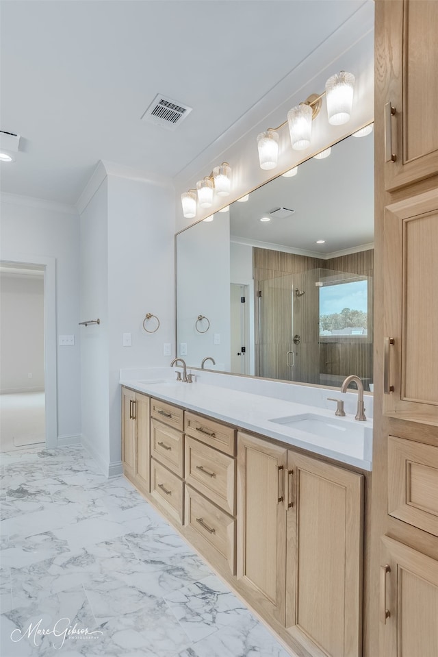 831 Walstonburg Ln, Benton, LA 71006 - full bath featuring double vanity, ornamental molding, a walk in shower, and marble finish flooring