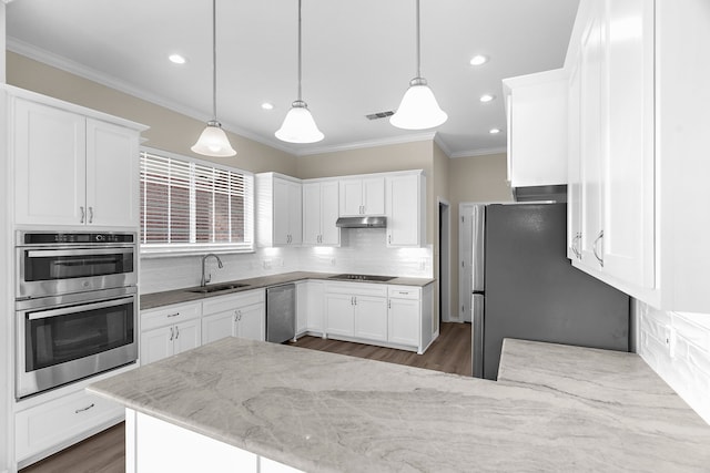 1991 Sunset Trl, Mckinney, TX 75071 - kitchen featuring stainless steel appliances, a sink, visible vents, white cabinetry, and under cabinet range hood