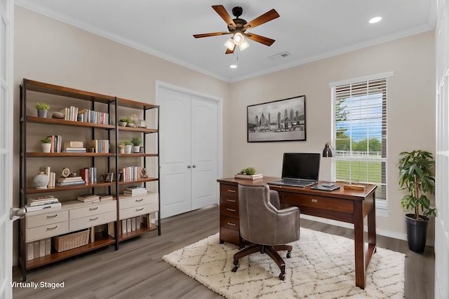 1991 Sunset Trl, Mckinney, TX 75071 - office area with visible vents, recessed lighting, a ceiling fan, wood finished floors, and ornamental molding