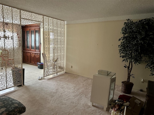 interior space featuring a textured ceiling and carpet flooring