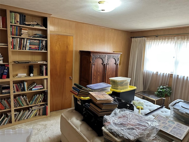 office space with carpet flooring, a textured ceiling, and wooden walls
