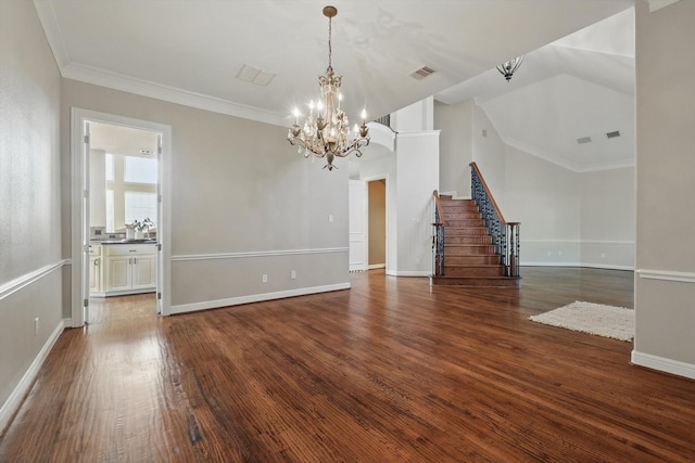 2704 Wisdom Creek Dr, Flower Mound, TX 75022 - unfurnished living room featuring stairs, a chandelier, dark wood finished floors, crown molding, and baseboards