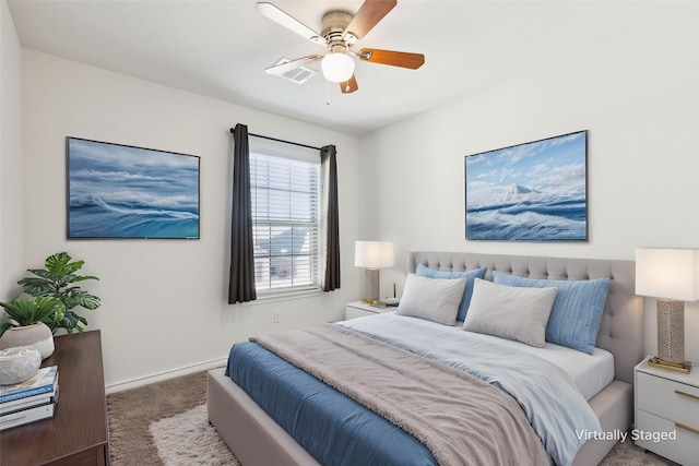 bedroom featuring baseboards, carpet flooring, and ceiling fan