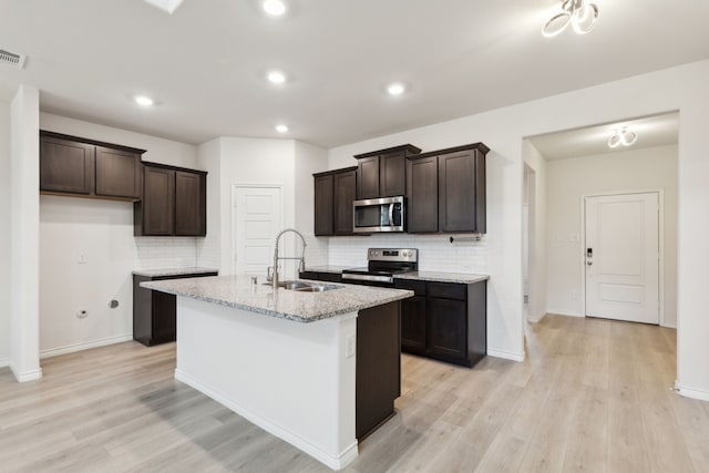 kitchen with dark brown cabinets, stainless steel appliances, a sink, and tasteful backsplash