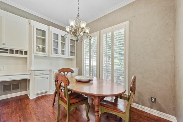 803 Eagle Pass, Heath, TX 75032 - dining room featuring dark wood-type flooring, a chandelier, plenty of natural light, ornamental molding, and baseboards