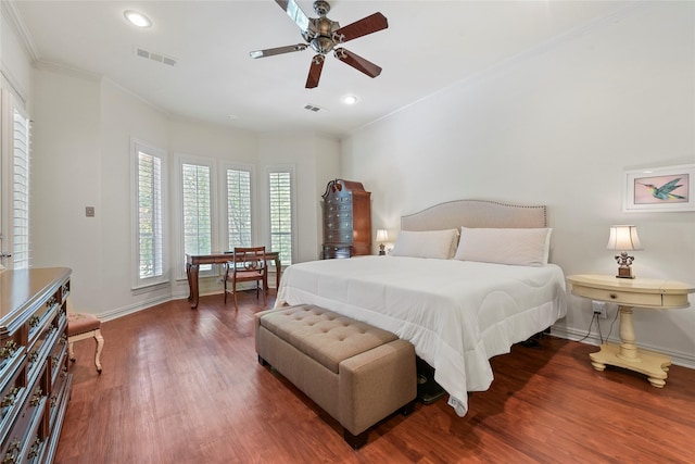 803 Eagle Pass, Heath, TX 75032 - bedroom with baseboards, wood finished floors, recessed lighting, crown molding, and ceiling fan