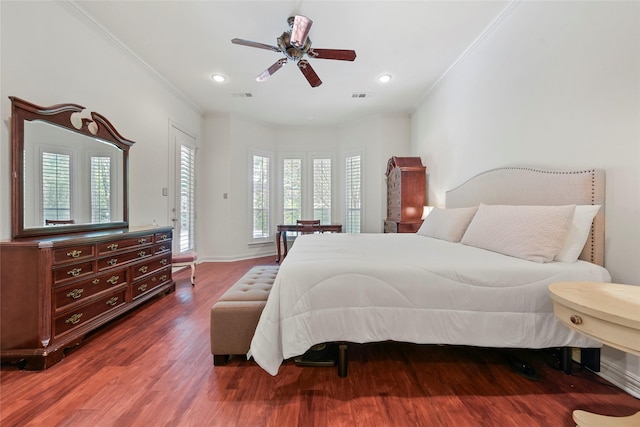 803 Eagle Pass, Heath, TX 75032 - bedroom with crown molding, dark wood-style floors, a ceiling fan, baseboards, and recessed lighting