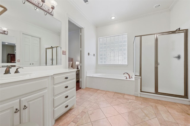 803 Eagle Pass, Heath, TX 75032 - full bath with a stall shower, a garden tub, vanity, ornamental molding, and recessed lighting