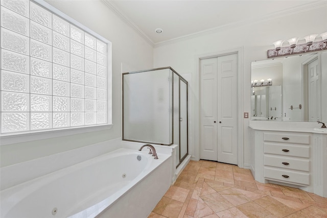 803 Eagle Pass, Heath, TX 75032 - bathroom with a tub with jets, a stall shower, vanity, and ornamental molding