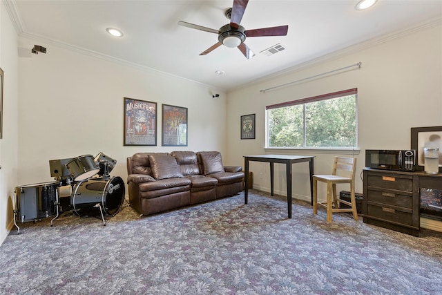 803 Eagle Pass, Heath, TX 75032 - living room with carpet floors, ornamental molding, a ceiling fan, recessed lighting, and baseboards
