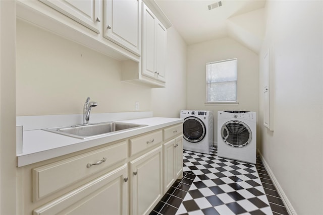 803 Eagle Pass, Heath, TX 75032 - washroom with cabinet space, washing machine and clothes dryer, dark floors, and baseboards