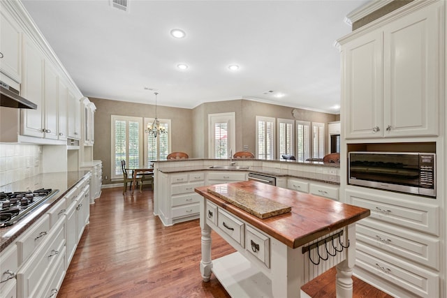 803 Eagle Pass, Heath, TX 75032 - kitchen with appliances with stainless steel finishes, butcher block countertops, a sink, a chandelier, and light wood finished floors