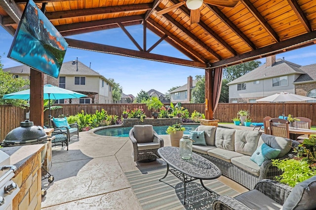 1609 Willow Ln, Mckinney, TX 75072 - view of patio / terrace with an outdoor living space, a fenced backyard, a residential view, and outdoor dining space