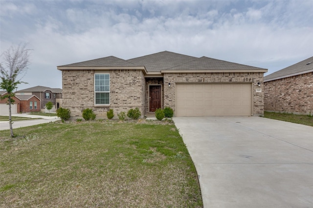 ranch-style house featuring a garage, driveway, a front lawn, and brick siding
