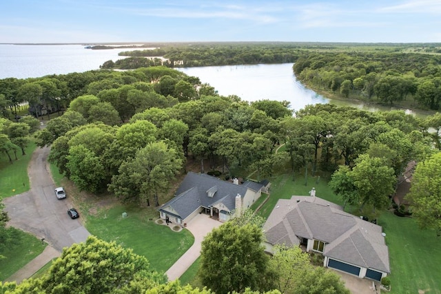 birds eye view of property with a view of trees and a water view