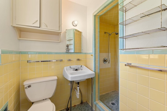 bathroom featuring a sink, toilet, tile walls, wainscoting, and a shower stall