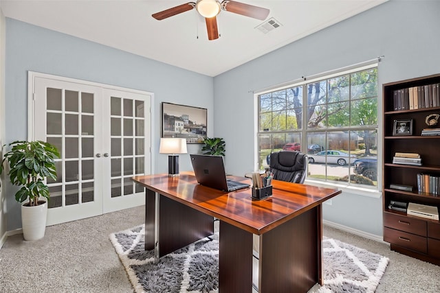 office area featuring ceiling fan, french doors, baseboards, carpet flooring, and visible vents
