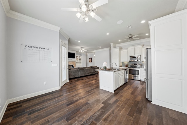 kitchen with ornamental molding, open floor plan, ceiling fan, appliances with stainless steel finishes, and recessed lighting