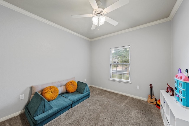playroom with baseboards, ornamental molding, and carpet
