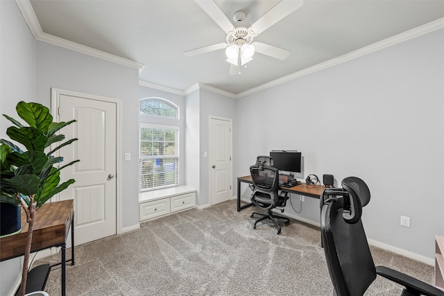 home office featuring carpet flooring, baseboards, and ornamental molding