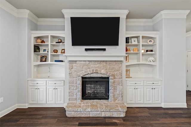 unfurnished living room featuring crown molding, baseboards, a fireplace, and dark wood-style flooring