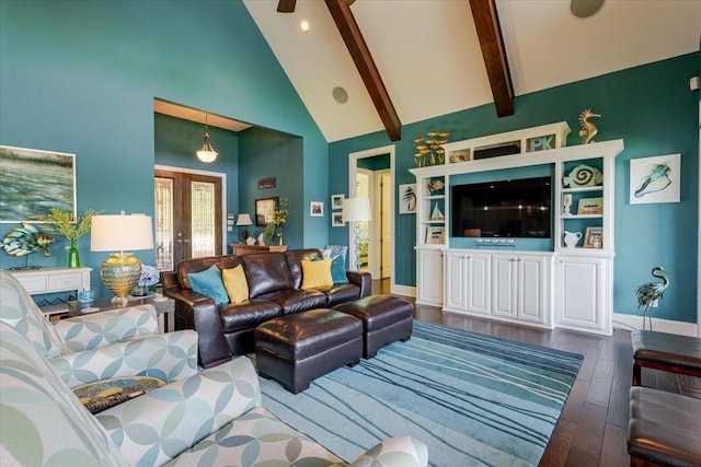 living room with high vaulted ceiling, french doors, dark wood finished floors, baseboards, and beam ceiling