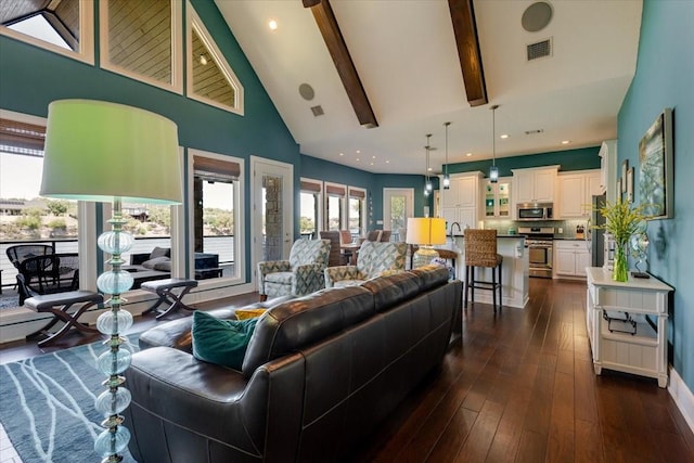 living area featuring beam ceiling, visible vents, high vaulted ceiling, and dark wood-style floors
