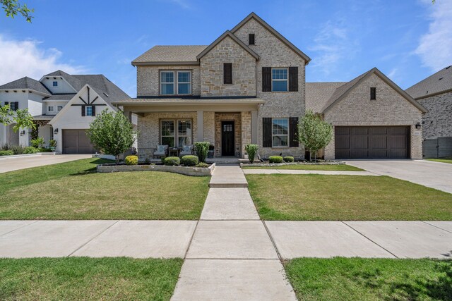 view of front facade with a porch, driveway, brick siding, and a front yard