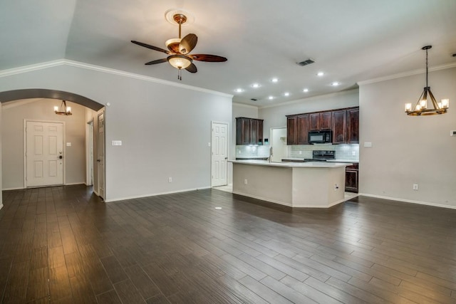 kitchen with arched walkways, visible vents, ceiling fan with notable chandelier, electric range oven, and black microwave