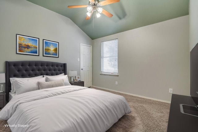 bedroom featuring ceiling fan, lofted ceiling, carpet flooring, and baseboards