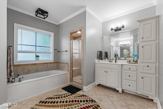 full bath with a garden tub, crown molding, tile patterned floors, a stall shower, and vanity